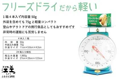 《※注文多数の為※配送までの目安：約6か月》《保存料不使用・長期保存［7年保存可］》あすなろ福祉会の『フリーズドライビスケット』 4本入×24箱（プレーン・チョコチップ 各12箱）　フリーズドライ　完全受注生産　非常食　災害備蓄　携行食　防災　アウトドア　長期保存食　思いやり型返礼品　「きふと、」