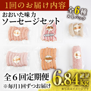 ＜定期便・全6回(毎月)＞おおいた 味力 ソーセージ セット(総量6.84kg) ウィンナー ベーコン 定期便 国産 冷凍 豚肉 鳥肉 詰め合わせ 惣菜 おかず お弁当 粗挽き あらびき 大分県 佐伯市【DP80】【まるひで】