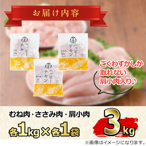 【0074805a-2607】＜2026年7月発送予定＞国産若鶏肉ヘルシーセット(合計3kg・ムネ、ささみ、肩小肉) 鶏肉 鳥肉 とり肉 むね肉 おかず 小分け 国産 【エビス】