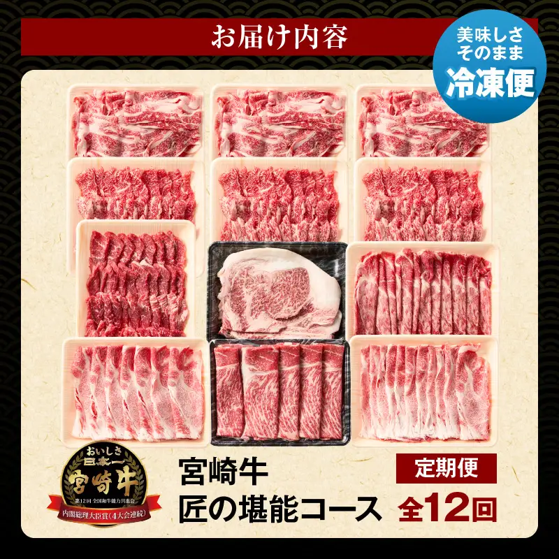 【定期便全12回】宮崎牛 匠の堪能コース 宮崎牛 黒毛和牛 切り落とし 赤身 しゃぶしゃぶ ロース カルビ 焼き肉 焼肉 スライス ステーキ 冷凍 毎月 定期便