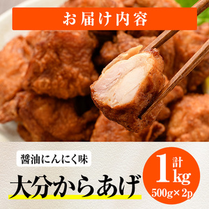 時短おかず 揚げるだけ 大分からあげ 醤油にんにく味 (計1kg・500g×2パック) 国産 鶏もも肉 肉 からあげ 唐揚げ 食べ比べ 醤油にんにく味 冷凍 惣菜 お弁当 小分け 簡単 時短 大分県 佐伯市【DH290】【ネクサ】