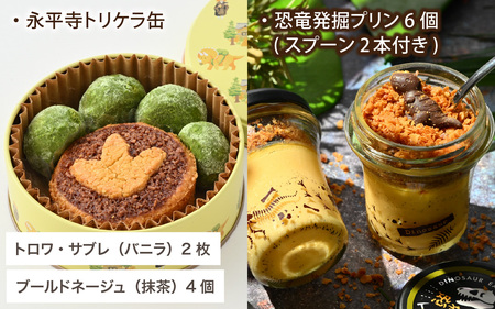 選べる恐竜スイーツ　トリケラセット　冷凍 瓶詰 プリン サブレ缶 おもちゃ 恐竜博物館 ティラノサウルス トリケラトプス スピノサウルス モササウルス 食玩 玩具菓子 きょうりゅう 男の子 プレゼント スイーツ デザート おやつ 洋菓子 永平寺町 送料無料 ダイナソー お土産 お菓子 洋菓子 ギフト　C-026004＿01