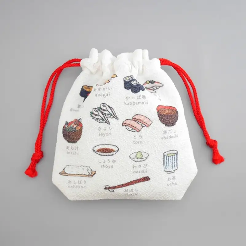 丹後ちりめん　にほんご巾着「sushi（寿司）」 サイズ：約13.5cm×17.5cm