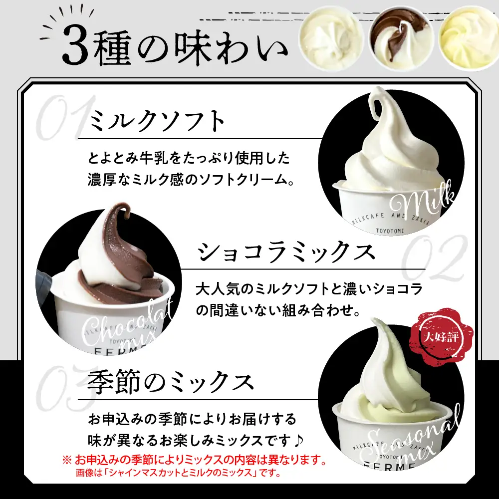 【3か月定期便】とよとみ牛乳ソフトクリーム【ミルク／ショコラミックス／季節のミックス 各120ml 計12個】