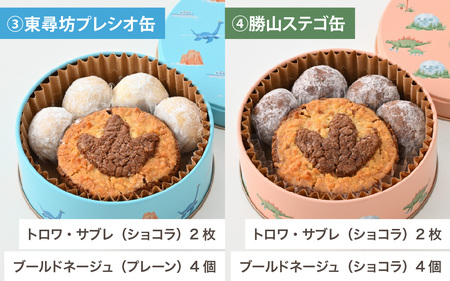恐竜サブレ缶（小）選べるクッキー缶4個　 おもちゃ 恐竜博物館 ティラノサウルス トリケラトプス スピノサウルス モササウルス 食玩 玩具菓子 きょうりゅう 男の子 プレゼント スイーツ デザート おやつ 洋菓子 永平寺町 送料無料 ダイナソー お土産 お菓子 洋菓子 ギフト[B-026040]