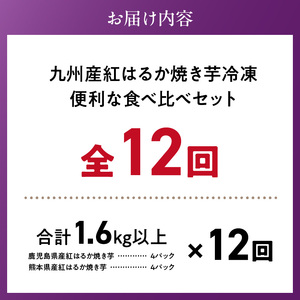 【個包装】九州産紅はるか焼き芋 便利な食べ比べセット合計1.6kg以上　12回定期便_個包装 九州産 紅はるか 焼き芋 便利 食べ比べ セット 合計 1.6kg 以上 回数 12回 鹿児島県 鹿屋産 フルーティー 甘さ しっとり 食感 熊本県 大津産 濃厚 ねっとり 糖度 45度以上 自然解凍 電子レンジ 半解凍 おやつ デザート 〔Tk044〕
