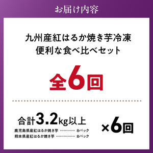 【個包装】九州産紅はるか焼き芋 便利な食べ比べセット合計3.2kg以上　6回定期便_個包装 九州産 紅はるか 焼き芋 便利 食べ比べ セット 合計 3.2kg 以上 回数 6回 鹿児島県 鹿屋産 フルーティー 甘さ しっとり 食感 熊本県 大津産 濃厚 ねっとり 糖度 45度以上 自然解凍 電子レンジ 半解凍 おやつ デザート 〔Tk045〕