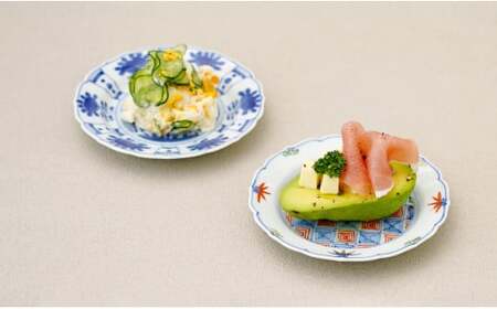 有田焼 13cm 輪花小皿 2柄セット( 染付芙蓉手双鹿図 / 染錦更紗紋 )【福珠窯】食器 うつわ 器 お祝い 取り皿 菓子皿 古典柄 A40-361