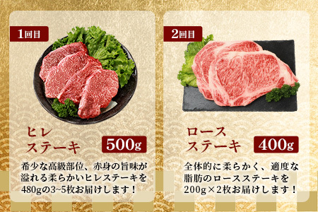 【 定期便 全3回 】 月に1回のお楽しみ！ 椎葉牛ステーキ定期便 総重量 1,080g 【 日本三大秘境 椎葉村 育ちの黒毛和牛 】 牛肉 ステーキ 定期便 肉 牛ヒレ ヒレ肉 ロース サーロイン A5等級指定 黒毛和牛 A5ランク TK-102