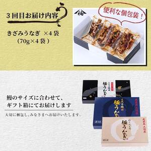 【定期便全3回】お手軽に楽しめるうなぎ定期便！（計1.04kg以上）鰻 白焼き うなぎ ウナギ 蒲焼き 国産 九州産 鹿児島 冷凍 有頭 おつまみ 惣菜 おかず きざみ うな重 うな丼 定期便 頒布会 セット 食べ比べ t0046-004