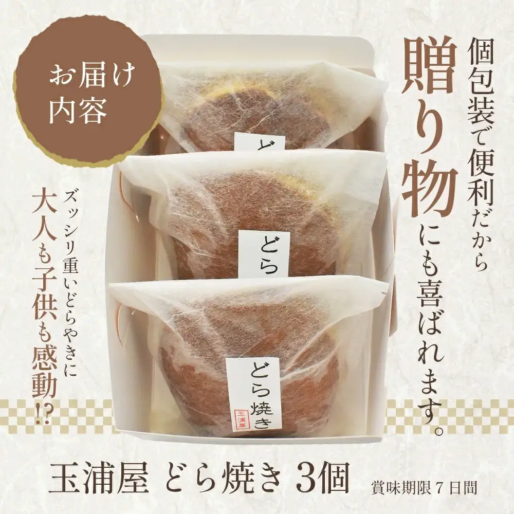 玉浦屋名物 ズッシリ大きなどら焼き 3個　【04301-0807】