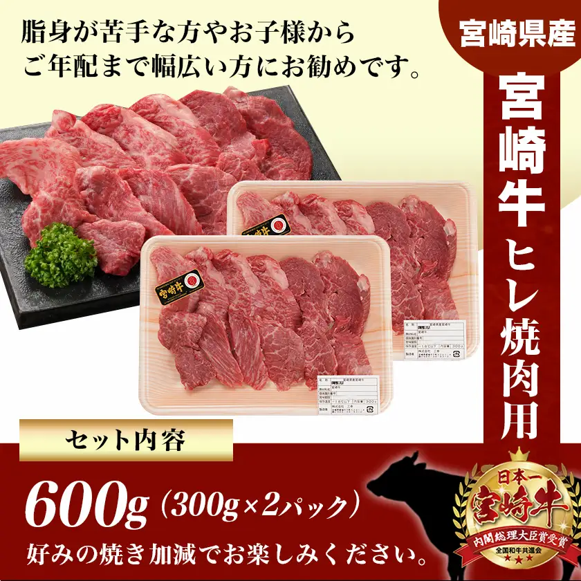 宮崎牛ヒレ焼肉用600g≪みやこんじょ快速便≫〔AF-8902-R〕_(都城市) 宮崎県産宮崎牛 ヒレ焼肉用 焼肉用カット ヒレ肉 冷凍配送