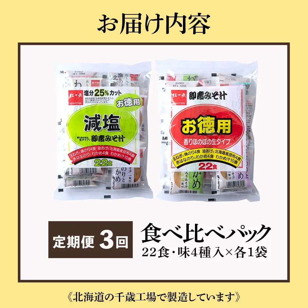 【定期便3ヶ月】 味噌汁 食べ比べ インスタント みそ汁 減塩 徳用 即席 4種 22食入 スープ 2袋 セット 【紅一点】《千歳工場製造》