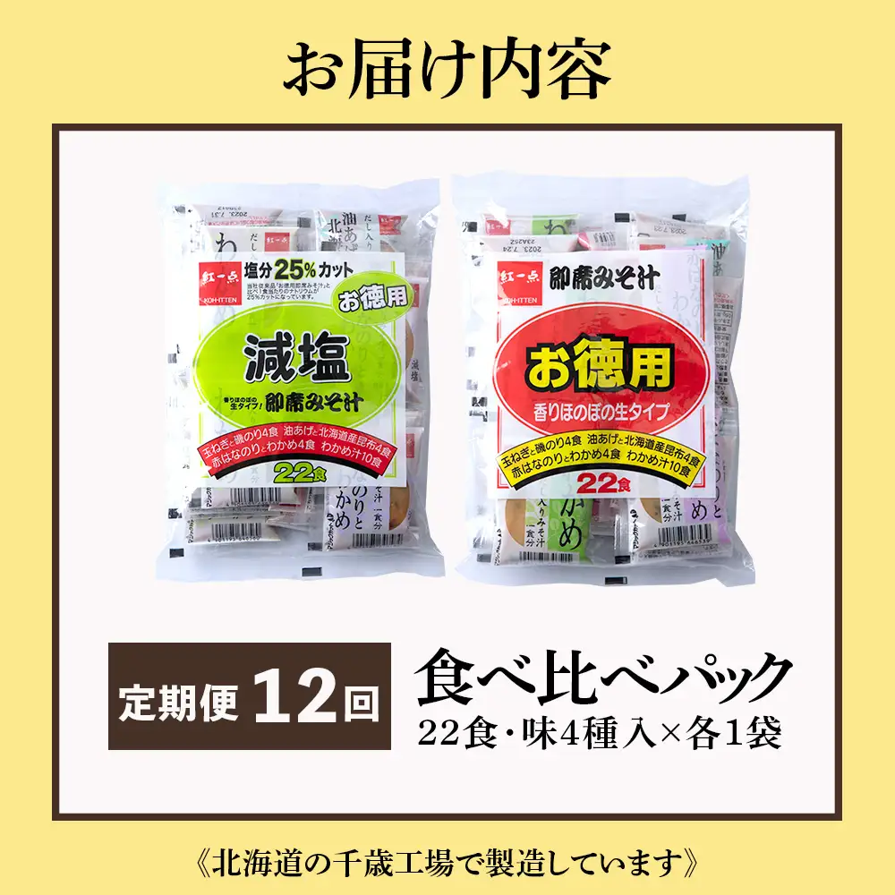 【定期便12ヶ月】 味噌汁 食べ比べ インスタント みそ汁 減塩 徳用 即席 4種 22食入 スープ 2袋 セット 【紅一点】《千歳工場製造》