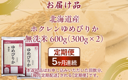 【5ヶ月定期配送】（無洗米600g）ホクレンゆめぴりか