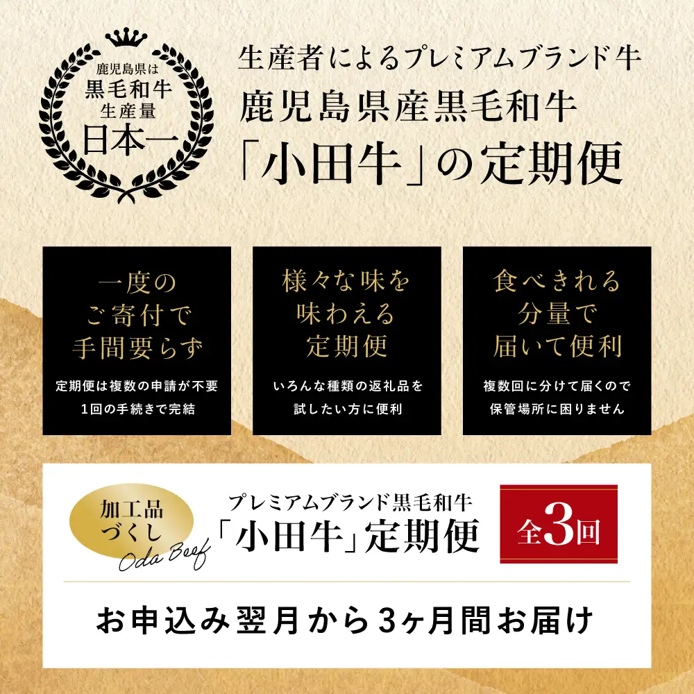 【全3回】プレミアムブランド「小田牛」定期便［加工品づくし］　鹿児島県産黒毛和牛 ハンバーグ コンビーフ ローストビーフ 餃子 焼売 総菜 おかず レトルト 冷凍 小田畜産 南さつま市