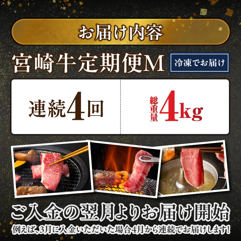 ≪4回連続お届け≫宮崎牛赤身霜降り食べ比べ定期便M(総重量4kg)〔T68-4-N201〕_(都城市) 宮崎牛 スライス 焼肉 2種セット 肩ロース又はロース ウデ又はモモ