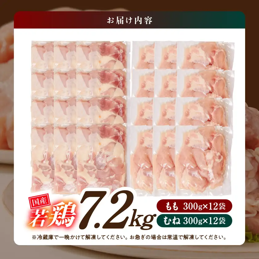 国産若鶏7.2kg 小分けパック!カット済み!(もも300g×12P・むね皮なし300g×12P)≪みやこんじょ特急便≫〔23-33-007-7200g-Q〕_(都城市)鶏肉 皮なしムネ もも 300g×24パック 小分け 使いやすい カット済 冷凍