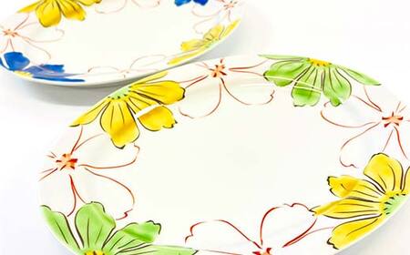 九谷焼 楕円ペア皿 彩花 2枚1組 伝統 色絵磁器 九谷五彩 手描き 一点もの インテリア 食器 皿 F6P-2865