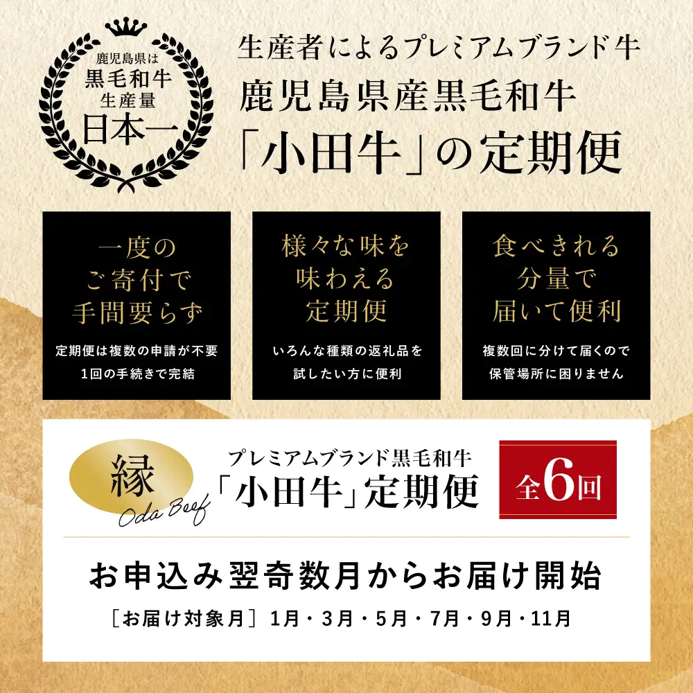 【全6回】プレミアムブランド「小田牛」定期便［～縁～］ 鹿児島県産 黒毛和牛 ステーキ すき焼き 焼肉 焼き肉 BBQ ハンバーグ 餃子 ぎょうざ 焼売 しゅうまい レトルト カレー パスタソース 牛トロ煮込み 常温 冷凍 小田畜産 南さつま市