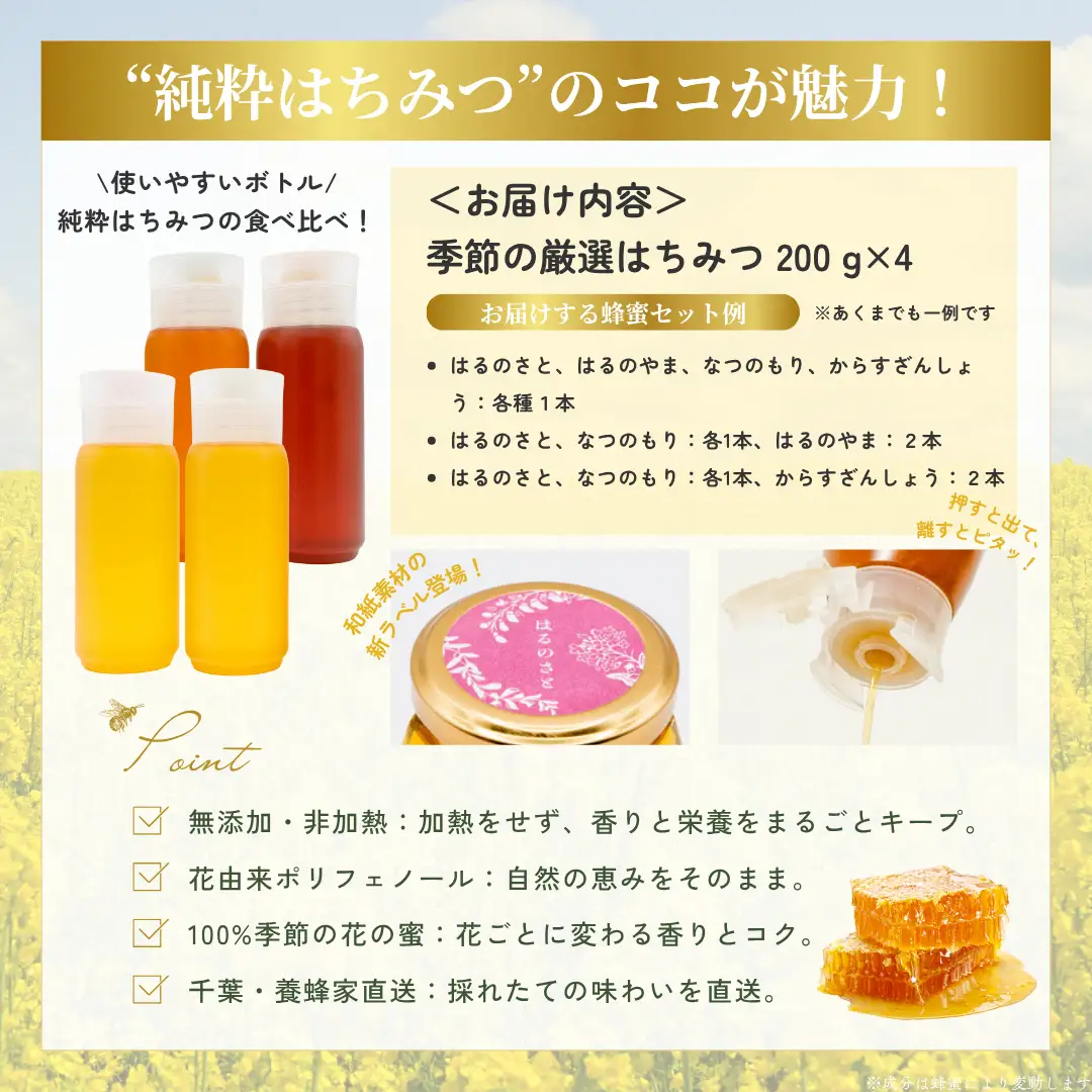 千葉県産「厳選純粋はちみつ」200gボトル×4本【ランダムにセレクト】 X016