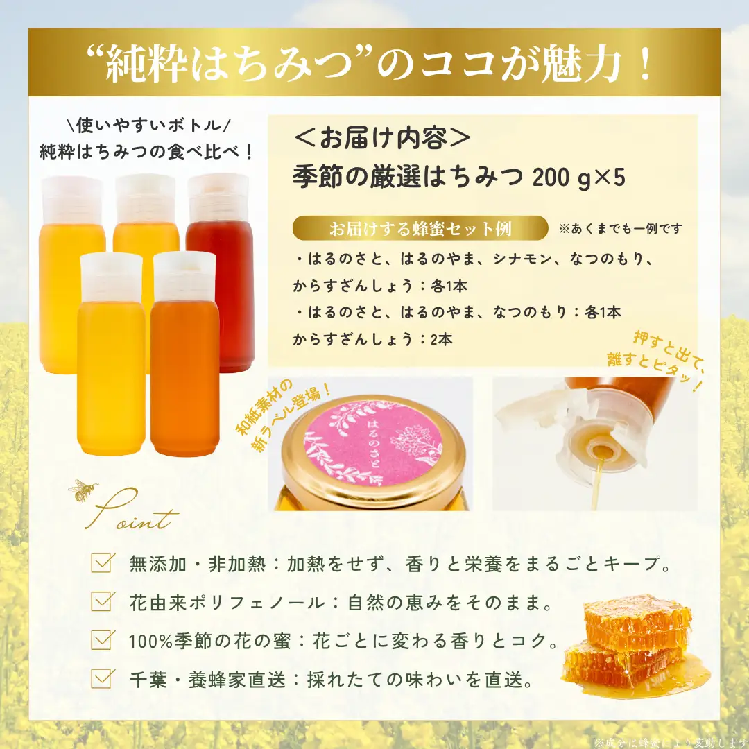 千葉県産「季節の厳選はちみつ」200gボトル×5本【ランダムにセレクト】 X017