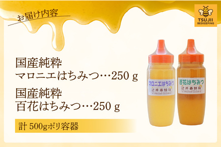 【国産純粋 マロニエはちみつ 百花はちみつ 各250g 計500g ポリ容器】国産 純粋 マロニエ 百花 はちみつ ハチミツ 蜂蜜 栃の木 紅茶 パン ヨーグルト おすすめ 兵庫県  辻井養蜂場 81-03