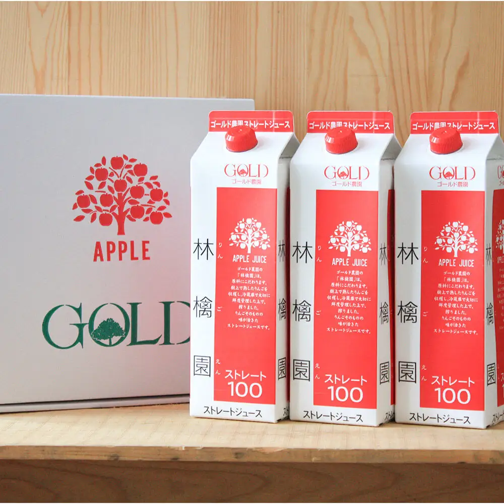 りんごジュース ストレート果汁【林檎園】1000ml×3本 紙パック ゴールド農園 かめあし商店