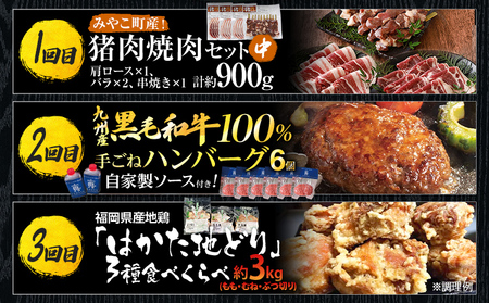 定期便 肉 全3回 みやこ自慢のふるさと便・肉 毎月 定期便 猪肉 ハンバーグ はかた地どり ジビエ BBQ 焼肉 地鶏 キャンプ 黒毛和牛 惣菜 晩御飯 晩ご飯 宮崎牛 食べ比べ 福岡県 福岡 九州 グルメ お取り寄せ