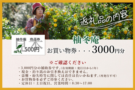 柚冬庵で使えるお買物券 3,000円分 (500円×6枚)【徳島県 那賀町 お買物券 お買い物券 商品券 チケット ギフト券 贈り物 プレゼント 柚冬庵】YA-77