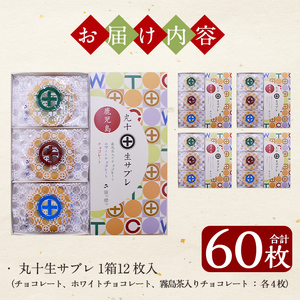 C-086-B 丸十生サブレ詰め合わせ(12枚入×5箱 計60枚)【徳重製菓とらや】霧島市 生サブレ サブレ しっとり なめらか マイルド お菓子 焼菓子 おやつ お土産 贈り物 手土産 チョコレート ホワイトチョコレート 霧島茶チョコレート