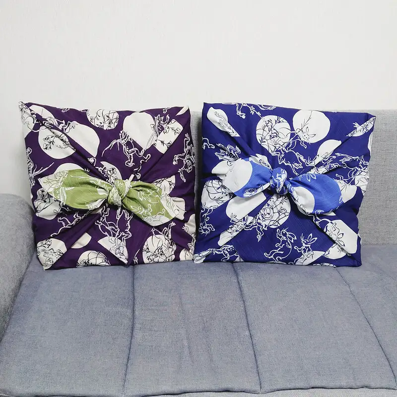 【三陽商事】鳥獣戯画 両面風呂敷 水玉柄 紫×黄緑｜京都 結ぶだけでバッグに早変わり エコバッグ