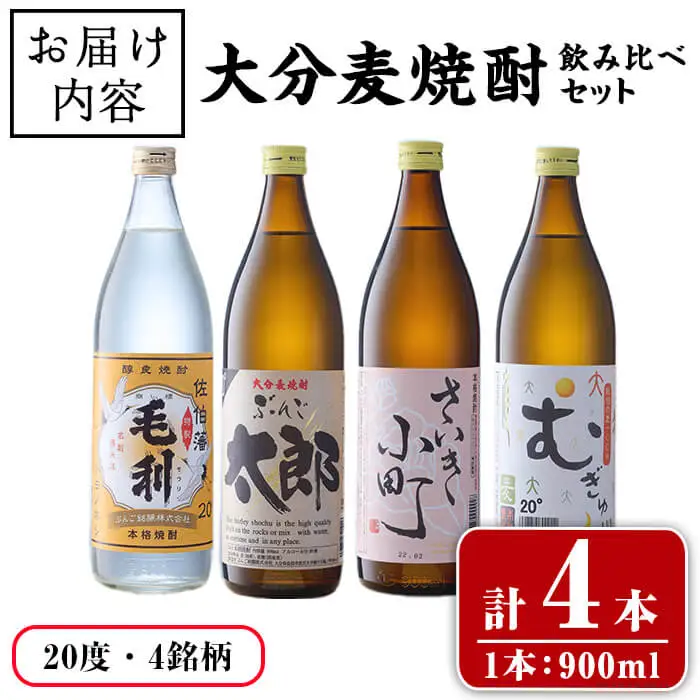 大分麦焼酎 飲み比べセット (900ml×4本) 飲み比べ セット 国産 毛利 ぶんご太郎 さいき小町 むぎゅ ご当地 焼酎 麦 20度 セット 酒 アルコール 【opax009】【ぶんご銘醸】