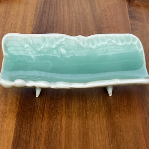 有田焼 青磁睡蓮彫 茶則 四足長皿 2枚 セット【有田焼 花伝作】食器 器 うつわ お茶 和皿 茶そく ブルー A18-272