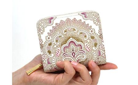 【文庫屋大関】二つ折りファスナーミニ財布 アンティークレース＜ピオニー＞【皮革工芸品】財布 二つ折り 小物 お札 カード 小銭 コンパクト 牛革 手作り 日本製 墨田区 東京都