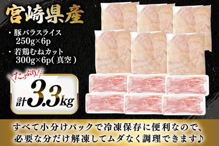 豚肉 鶏肉 詰め合わせ 宮崎県産 豚バラ スライス ＆ 若鶏むね 切り身 計3.3kg [YAMATO 宮崎県 日向市 452061446]
