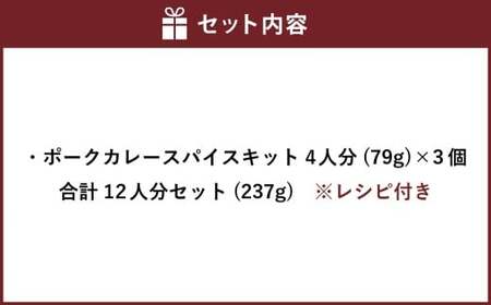 ポークカレー スパイス キット 4人分×3個 （79g×3個） 合計12人分セット （237g） ／ レシピ付き カレー 手作り 簡単調理 セット 北海道 北広島市 常温