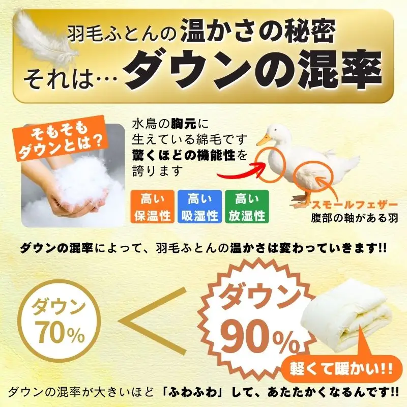 【工場直販】高級羽毛布団　ホワイトダウン90%【増量1.3kg】＜シングル/色柄お任せ＞ HNNCG003