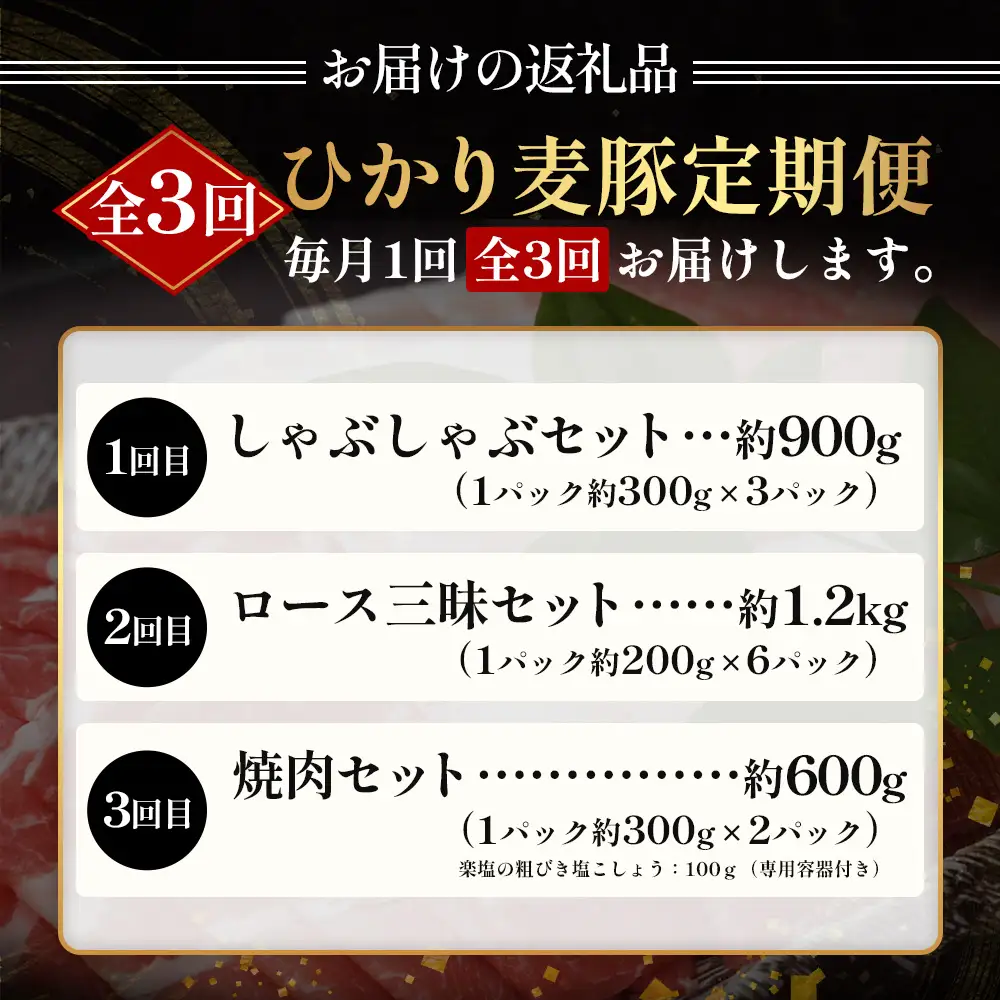 【定期便全3回】ひかり麦豚定期便 ≪月替わりで楽しむ豚肉セット！しゃぶしゃぶ・ロース肉・焼肉セットをお届け！≫ 冷凍 HM-18 | 肉 お肉 にく 豚肉 精肉 焼き肉 焼肉 やきにく バーベキュー ロース肉 肩ロース バラ肉 生姜焼き とんかつ しゃぶしゃぶ 真空冷凍 産地直送 小分け パック 手作り 鹿児島県 南大隅町 ひかり麦豚直売所