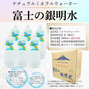 ナチュラルミネラルウォーター「富士の銀明水」2L 12本 (6本入2箱)／ミネラルウォーター お水 軟水 飲料 飲料水 ペットボトル 生活必需品 消耗品 備蓄 防災 災害対策 人気 まろやか おいしい 送料無料 山梨県 西桂町【n0549-12_web_A】