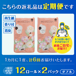 定期便 全6回 トイレットペーパー エコロジー ダブル 12ロール2パック エンボス 消臭 ベビーローズの香り 再生紙 環境に優しい SDGs 無地 無色 備蓄 日用品 消耗品 生活用品 毎月発送 富士市 [sf002-504]
