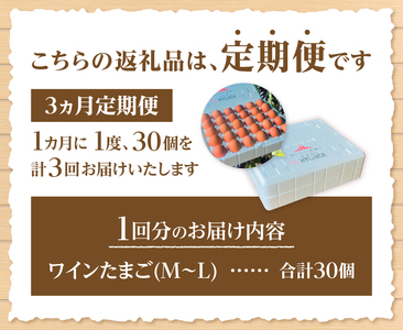 【3ヶ月定期便】山梨の大自然が育む「ワインたまご」30個　卵 鶏卵 M～Lサイズ 定期便 新鮮 たまご コク 旨味 ポリフェノール 厳選餌 ブドウの皮 種  山梨県 北杜市産 ハイチック 明野農場 [h081]