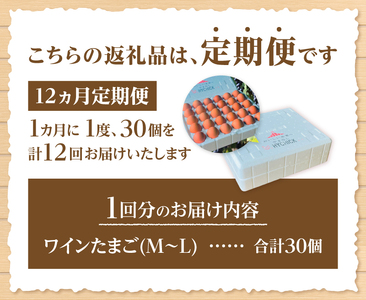 【12ヶ月定期便】山梨の大自然が育む「ワインたまご」30個　卵  鶏卵 M～L サイズ 定期便 新鮮 たまご コク 旨味 ポリフェノール 厳選餌 ブドウの皮 種  山梨県 北杜市産 ハイチック 明野農場 [h081]