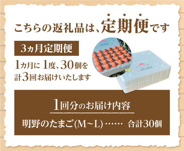 【3ヶ月定期便】金賞受賞 明野のたまご30個　卵 鶏卵  M～L サイズ 定期便 3ヶ月 知事賞 金賞受賞 たまご コク 旨味 濃厚 山梨県 北杜市産 明野 ハイチック [h081]