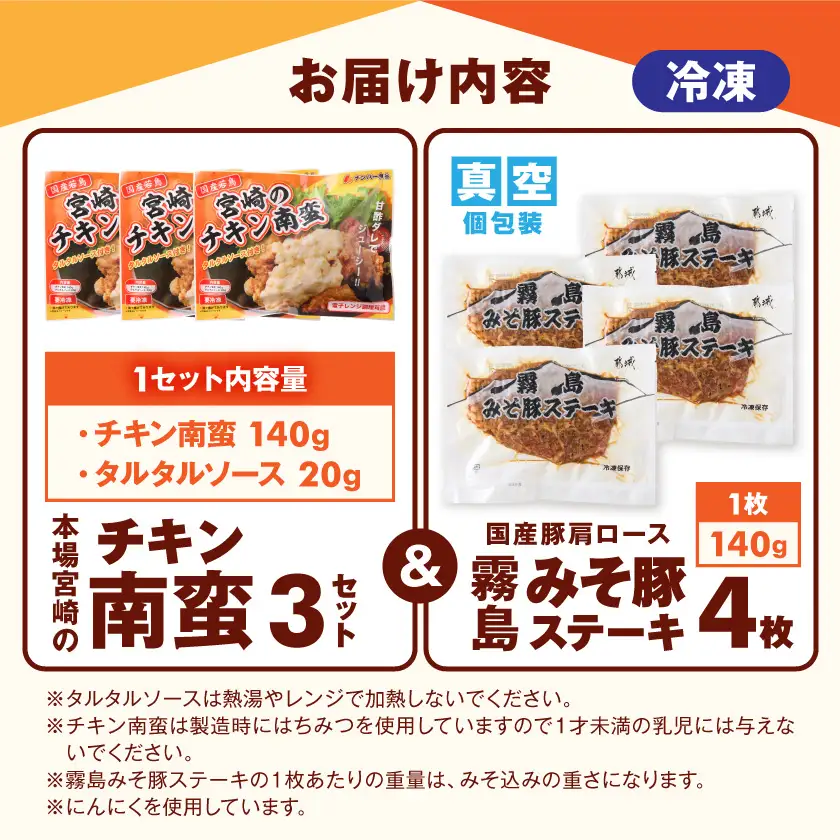 霧島みそ豚ステーキ&チキン南蛮セット≪みやこんじょ快速便≫〔MJ-N8-003-R〕_(都城市) 郷土料理 冷凍 電子レンジ 簡単 南蛮酢 国産若鳥 胸肉 時短 豚肉 ステーキ みそだれ 特製 肉厚 焼くだけ 簡単調理 味噌 濃厚 香ばしい にんにく グルメ ギフト おかず 老舗 共同開発