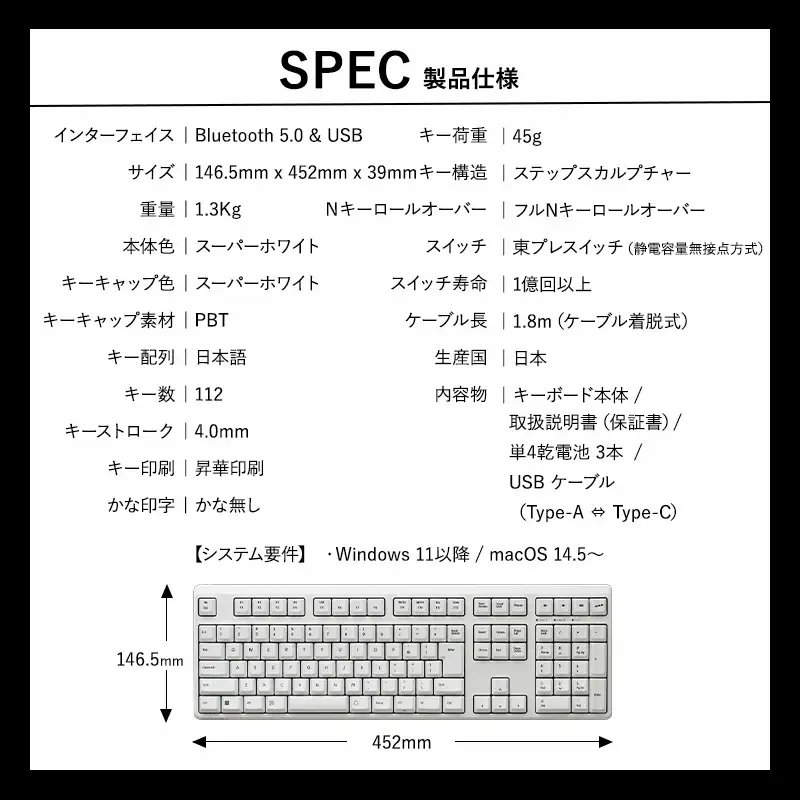 東プレ REALFORCE R4 プロのためのプレミアムキーボード 日本語配列 フルサイズ 45g 白 (型式：R4HA21)
