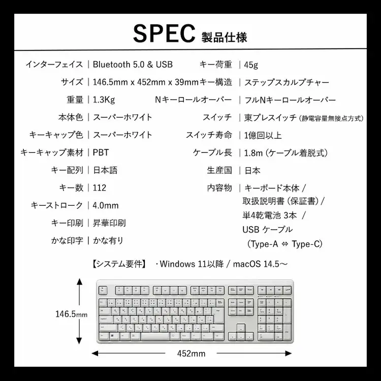 東プレ REALFORCE R4 プロのためのプレミアムキーボード 日本語配列 フルサイズ 45g かな有 白 (型式：R4HA71)
