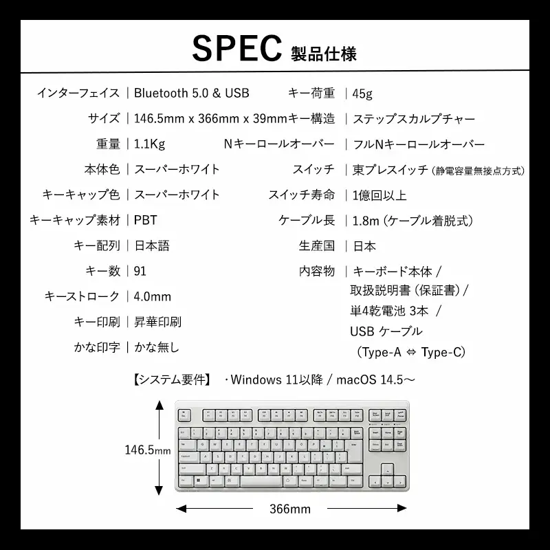 東プレ REALFORCE R4 プロのためのプレミアムキーボード 日本語配列 テンキーレス 45g 白 (型式：R4HC21)