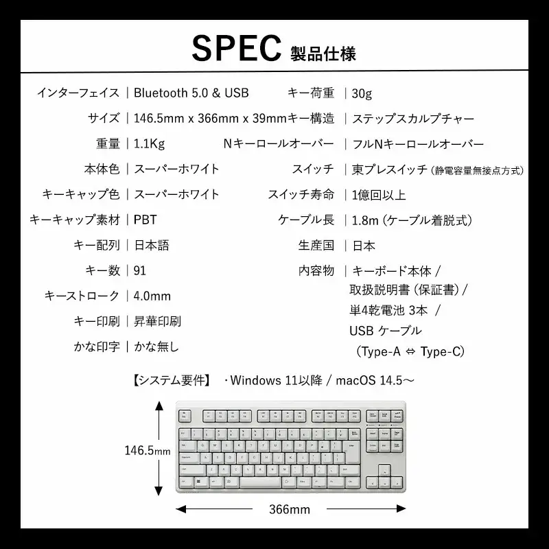 東プレ REALFORCE R4 プロのためのプレミアムキーボード 日本語配列 テンキーレス 30g 白 (型式：R4HC23)