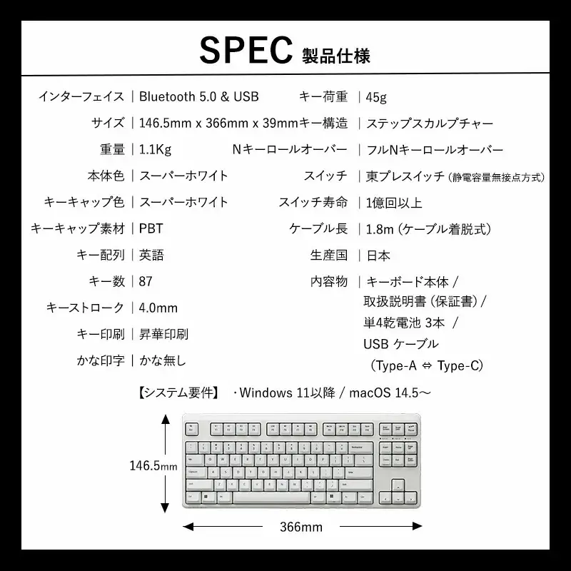 東プレ REALFORCE R4 プロのためのプレミアムキーボード 英語配列 テンキーレス 45g 白 (型式：R4HD21)
